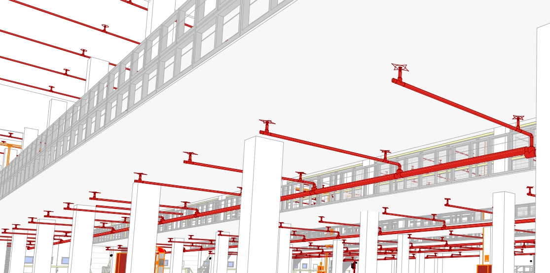 Revit 3D view — sprinkler system designed inside a client's team
